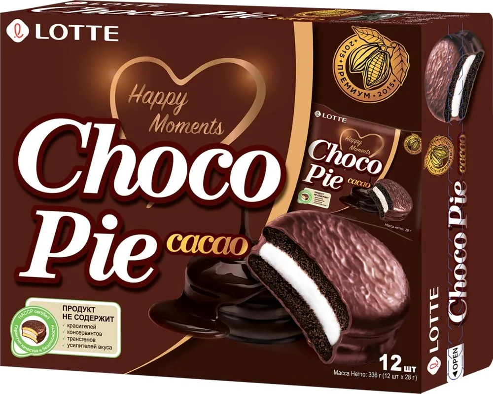 Пирожное lotte choco pie cacao бисквитное в шоколадной глазури, 12х28 г,  336 г - 4 упаковки купить с доставкой по низкой цене в интернет-магазине  Мармеладница