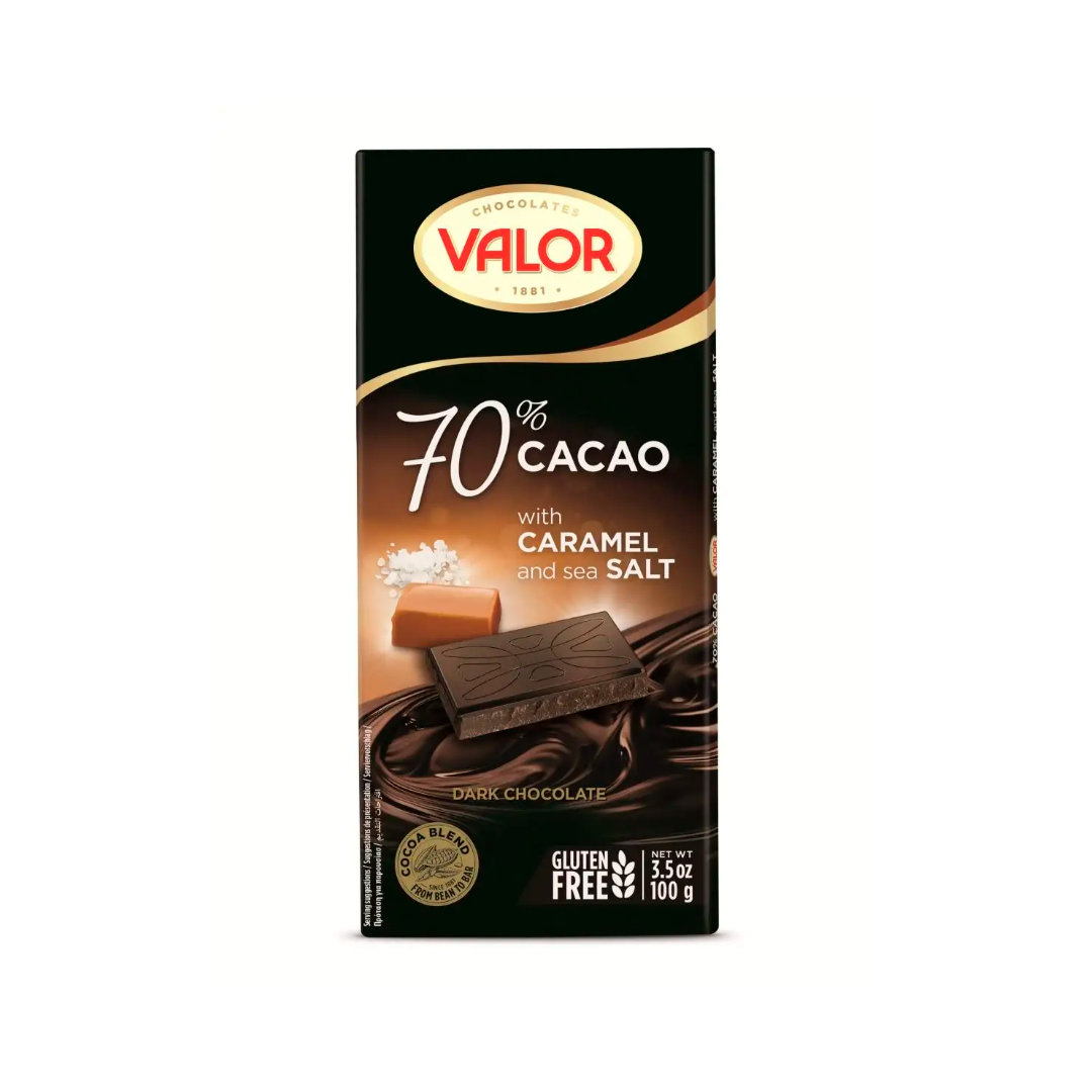 Горький шоколад 70% с карамелью и морской солью без глютена 100г, VALOR