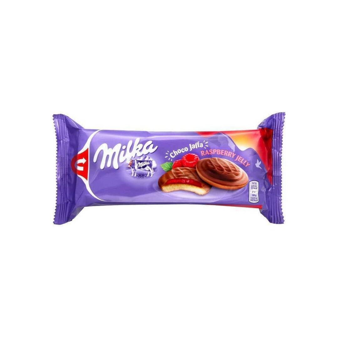Печенье MILKA бисквитное с начинкой "Малиновое желе" покрытые молочным шоколадом 147г