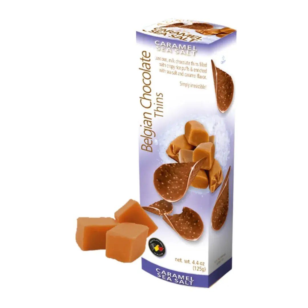 Шоколадные чипсы Belgian Chocolate Thins Caramel Sea Salt с карамелью и морской солью 80г, Бельгия, изображение 2