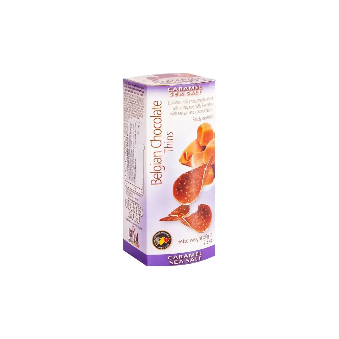 Шоколадные чипсы Belgian Chocolate Thins Caramel Sea Salt с карамелью и морской солью 80г, Бельгия