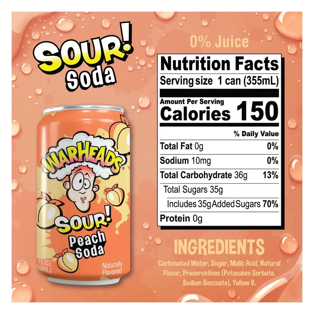 Газированный напиток Warheads Sour Peach Soda Кислый Персик 355мл, США, изображение 3