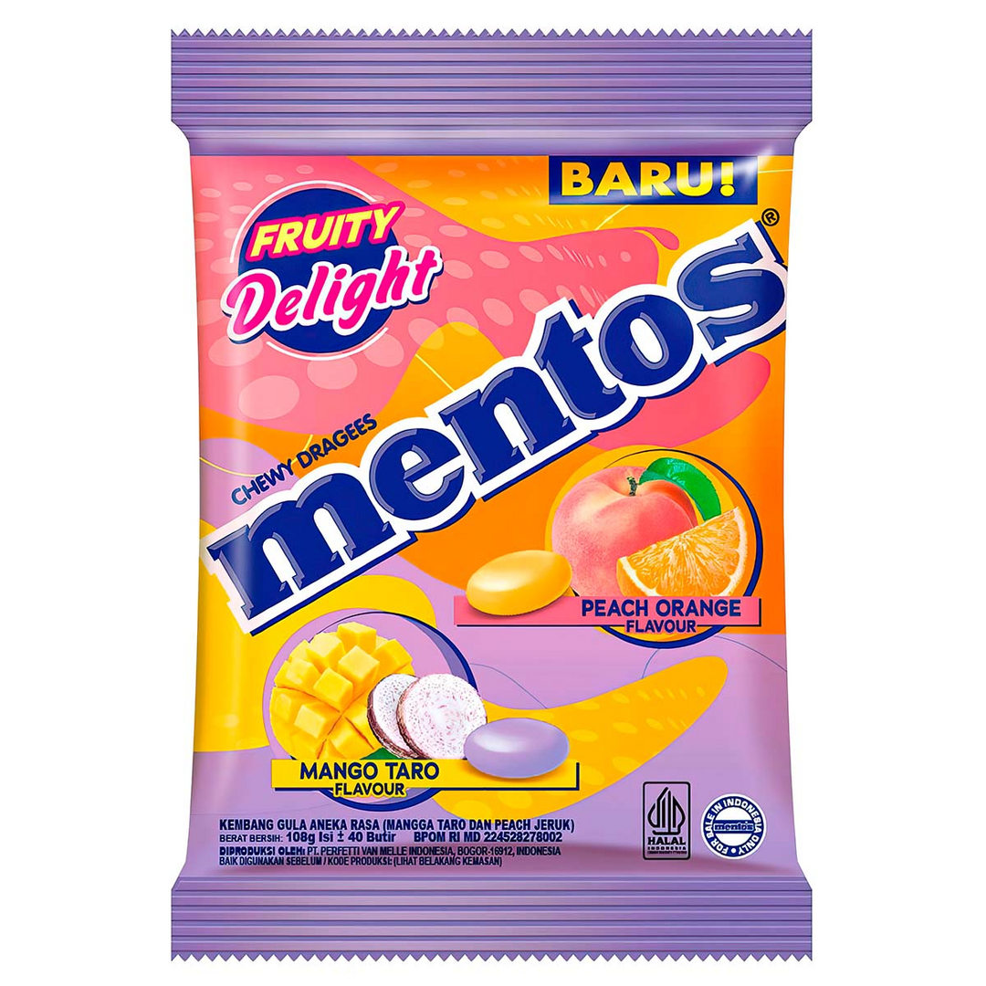 Жевательные конфеты Mentos Peach/Orange & Mango/Taro 121.5г, Индонезия