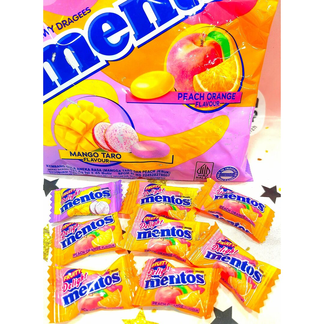 Жевательные конфеты Mentos Peach/Orange & Mango/Taro 121.5г, Индонезия, изображение 2