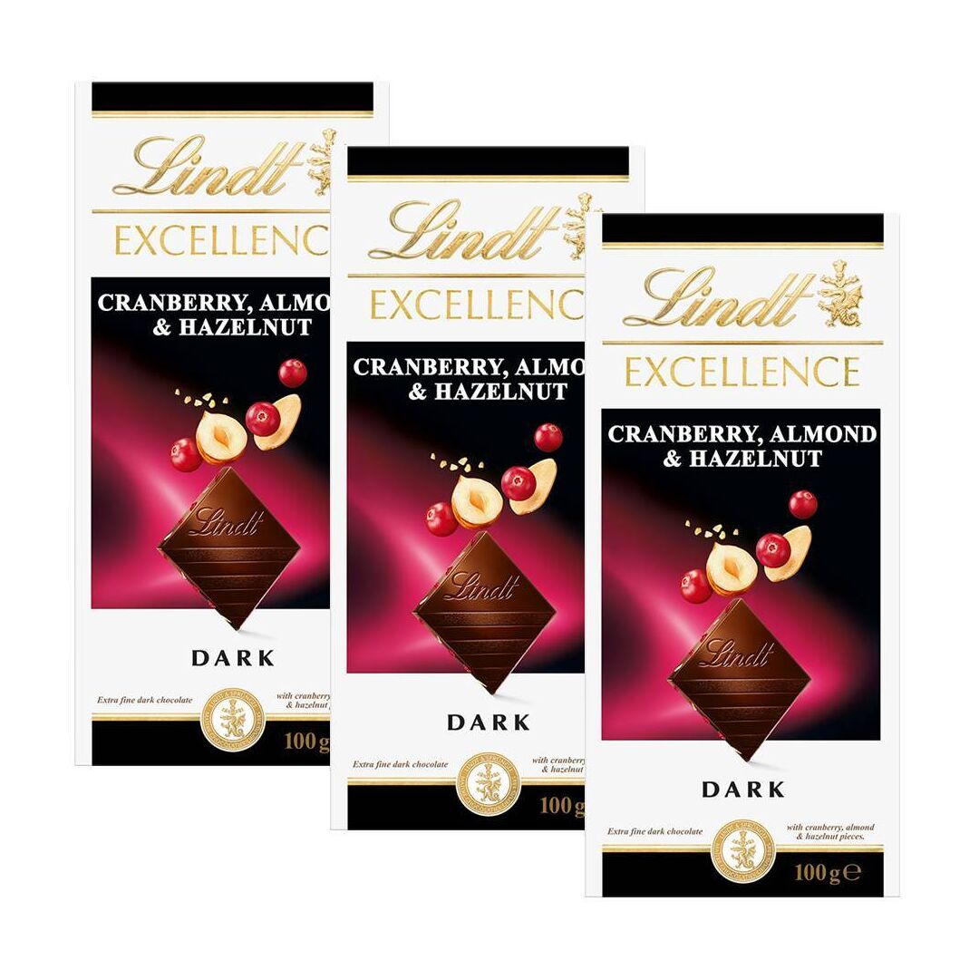 Шоколад LINDT EXCELLENCE Темный с клюквой, фундуком и миндалем 100г 3штуки
