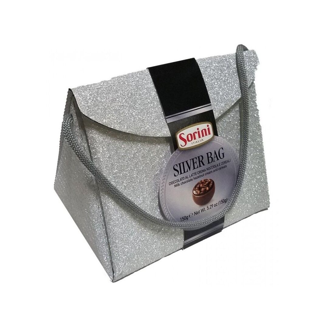 Конфеты SORINI "Glitter Bag" из молочного шоколада с ореховым кремом и зерновыми (Серебро) 150г