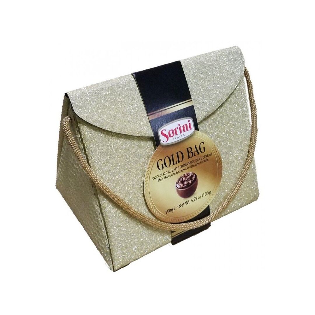 Конфеты SORINI "Glitter Bag" из молочного шоколада с ореховым кремом и зерновыми(Золото) 150г