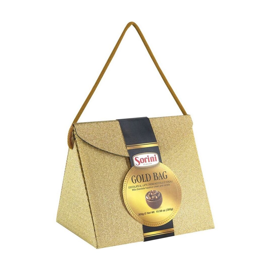 Конфеты SORINI "Glitter Bag" из молочного шоколада с ореховым кремом и зерновыми(Золото) 300г.