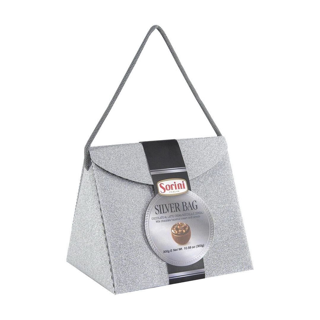 Конфеты SORINI "Glitter Bag" из молочного шоколада с ореховым кремом и зерновыми(Серебро) 300г.
