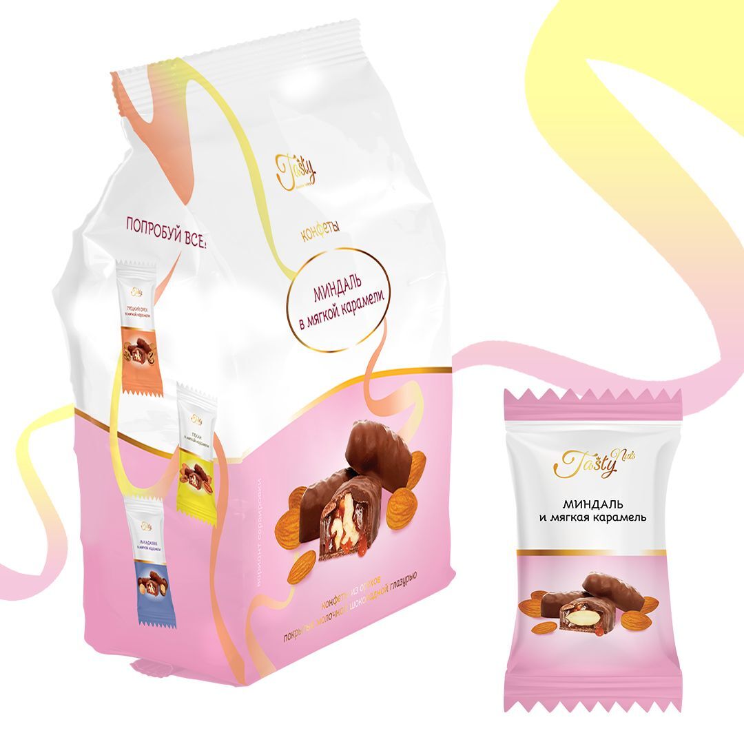 Конфеты TASTY в молочной шоколадной глазури миндаль и мягкая карамель 150г