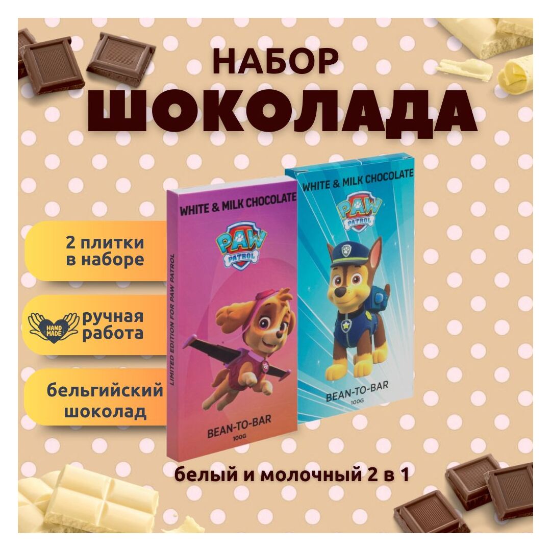 Набор детского бельгийского шоколада (белый + молочный) Щенячий патруль: Гонщик, Скай, ручной работы, детский, подарочный, 2х100 гр. - вкусный подарок на день рождения B.O.G