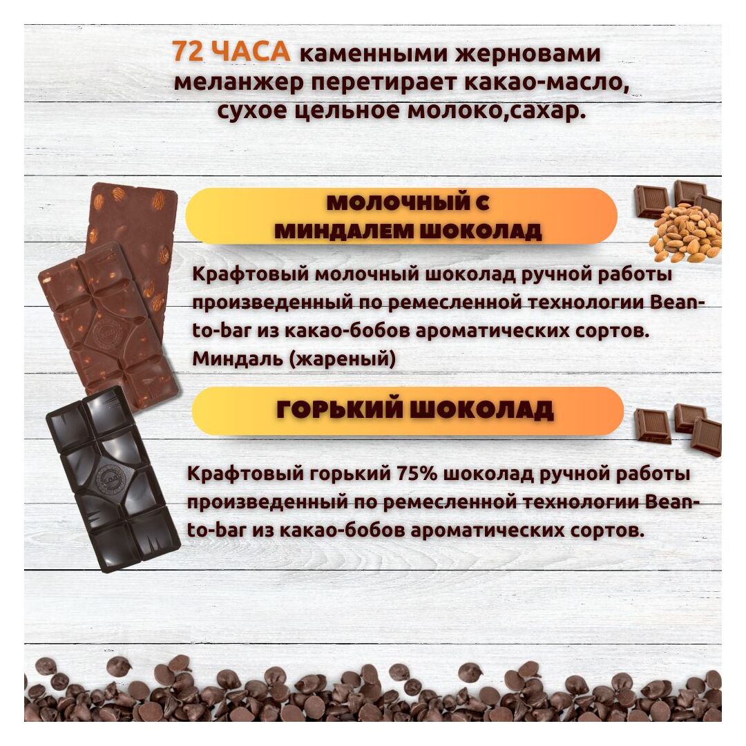 Набор шоколада, 2 плитки по 100 гр: Молочный с миндалем+Горький, ручной работы. B.O.G, изображение 2