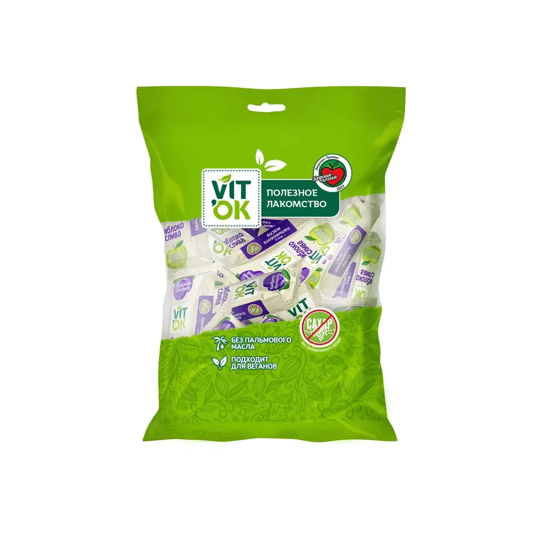 Конфета-батончик фрyктовая Vitok 100% натуральная полезная без сахара с яблочным пюре и кусочками сливы, 500 г, изображение 2