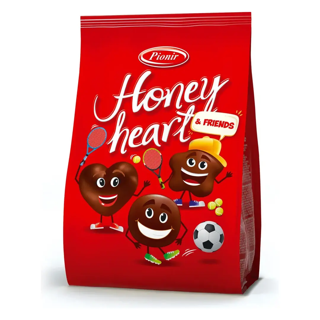 Пряники Pionir Honey heart & friends, с медом и фруктовой начинкой, в темном шоколаде, 150 г