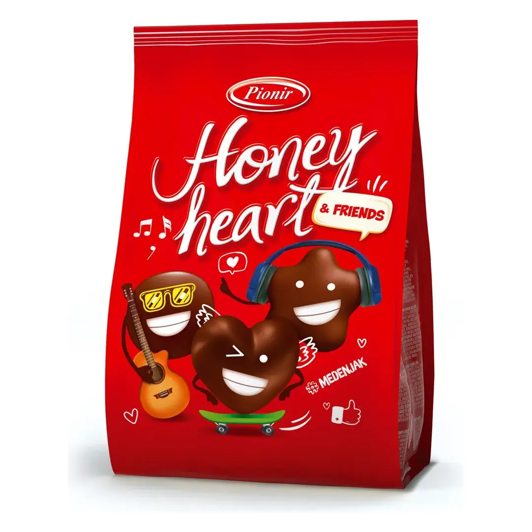 Пряники Pionir Honey heart & friends, с медом и фруктовой начинкой, в темном шоколаде, 150 г, изображение 2