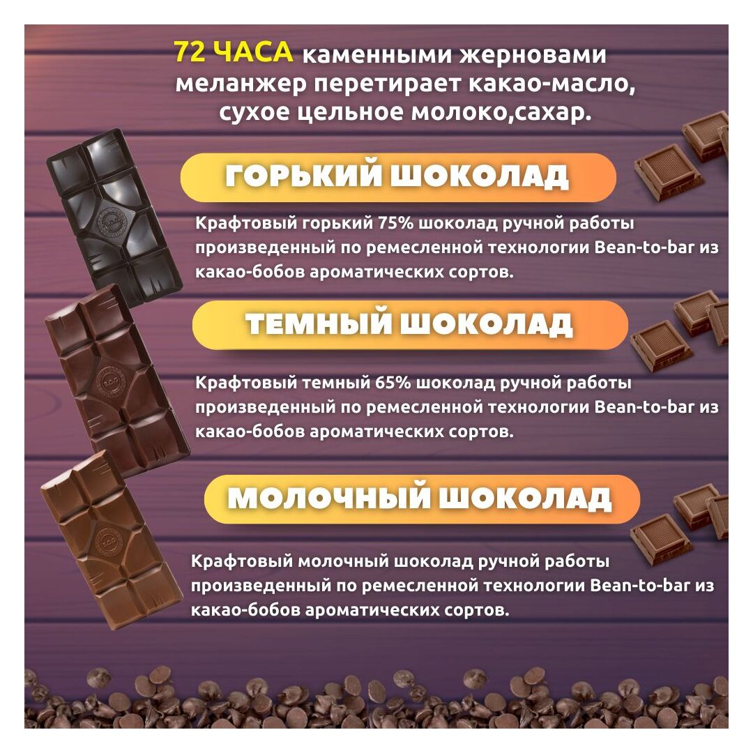 Шоколадный набор (молочный, темный 65%, горький 75%) B.O.G в подарочной коробке, ручной работы, крафтовый, из какао-бобов ароматических сортов, 360 гр. B.O.G, изображение 8