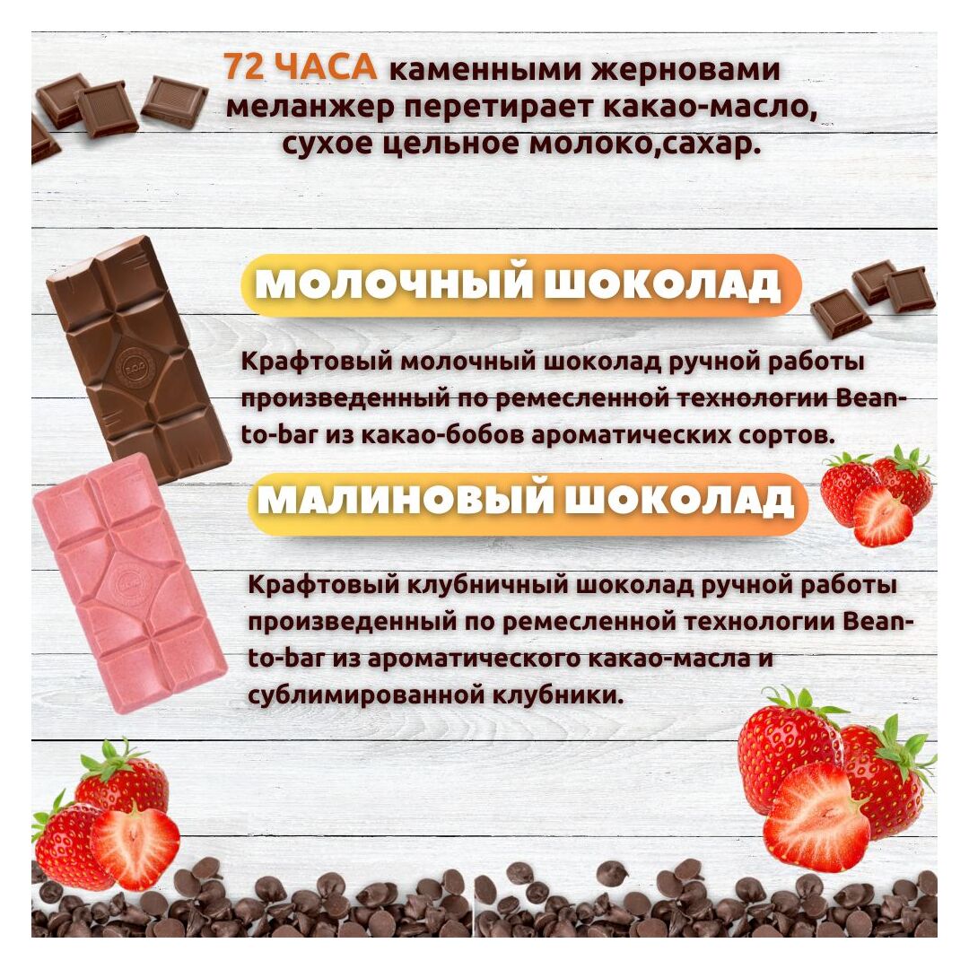 Набор шоколада, 3 плитки по 100 гр: (Молочный+Молочный+Клубничный), ручной работы. B.O.G, изображение 2