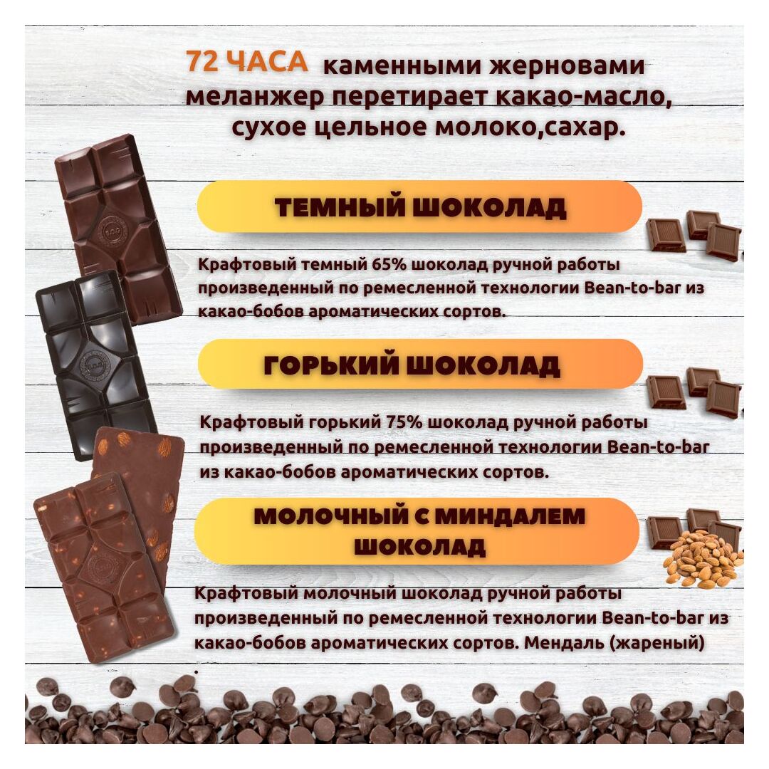 Набор шоколада, 3 плитки по 100 гр: Молочный с миндалем+Горький+Темный, ручной работы. B.O.G, изображение 2