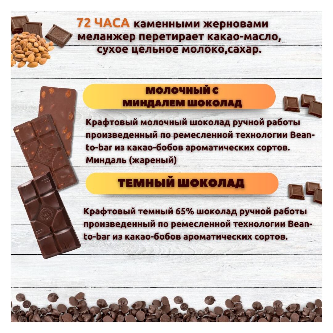 Набор шоколада, 3 плитки по 100 гр: Молочный с миндалем+Молочный с миндалем+Темный, ручной работы. B.O.G, изображение 2