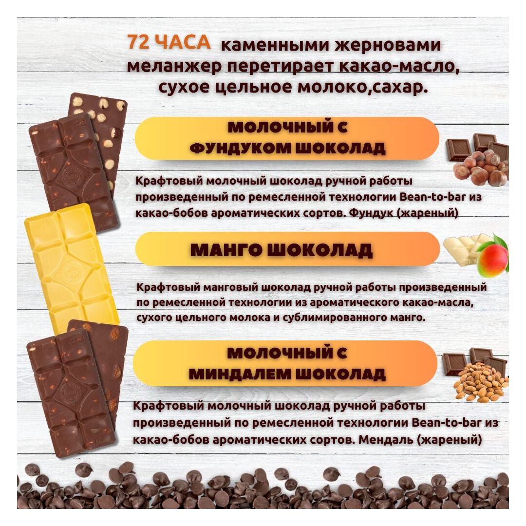 Набор шоколада, 3 плитки по 100 гр: Молочный с миндалем+Манго+Молочный с фундуком, ручной работы. B.O.G, изображение 2