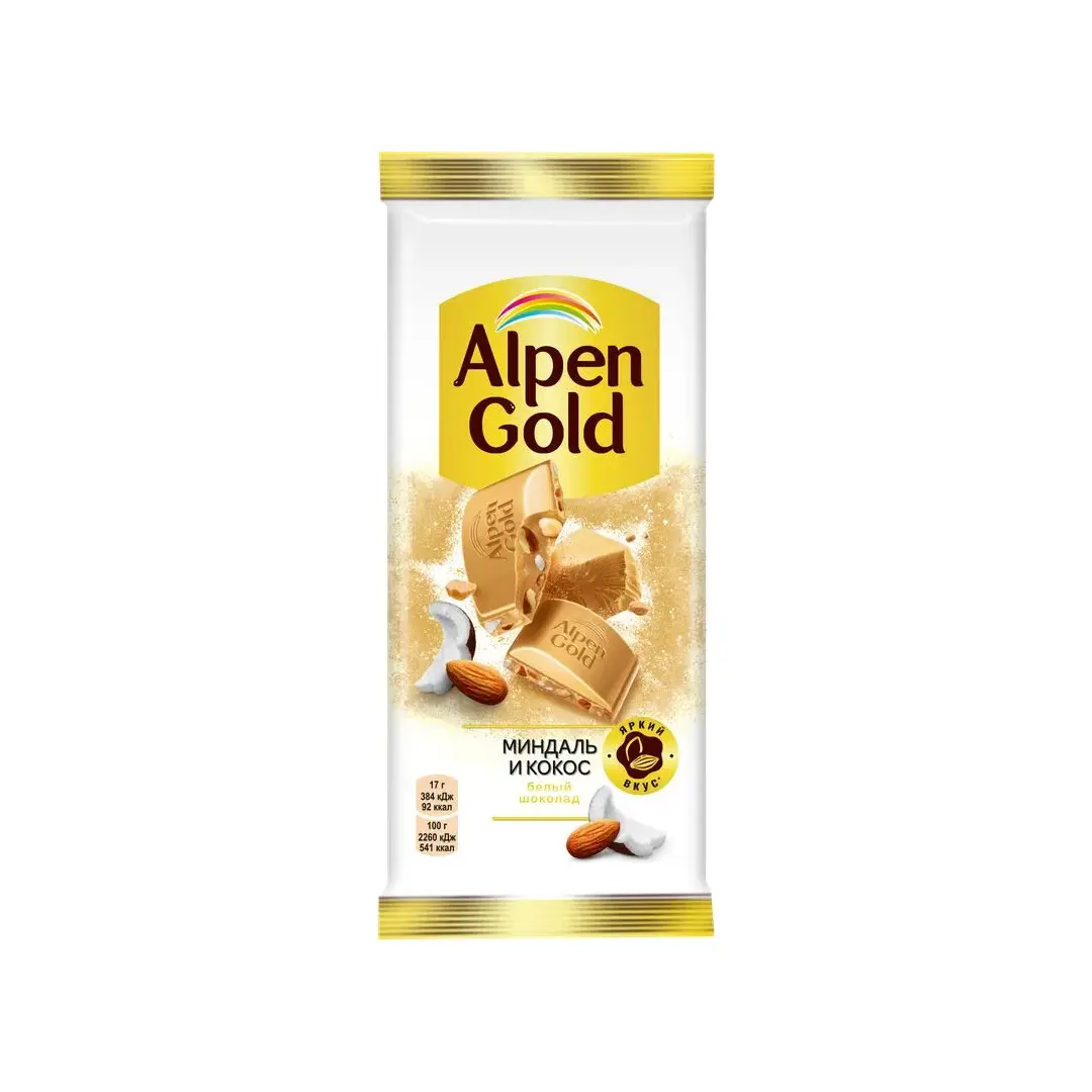 Шоколад белый Alpen Gold с миндалем и кокосовой стружкой, 80 г