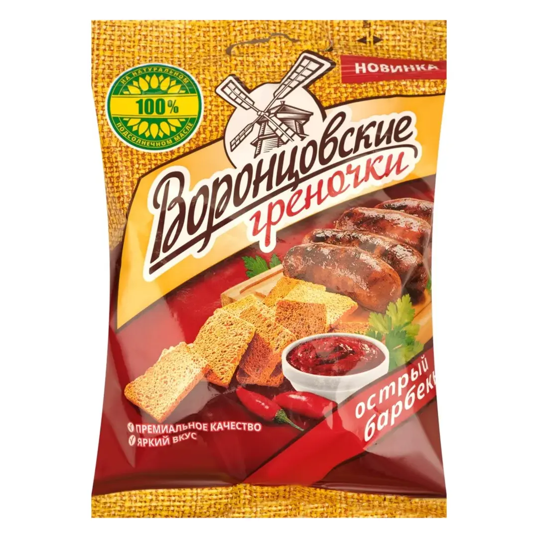 Сухарики пшеничные ВОРОНЦОВСКИЕ Греночки со вкусом острый барбекю, 60 г - 10 шт.