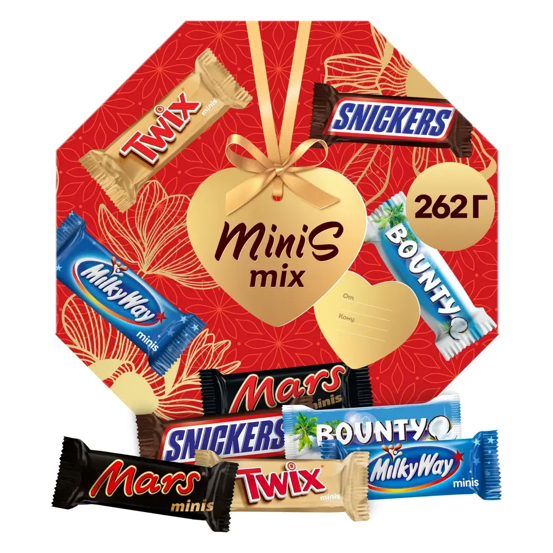 Подарочный набор Minis Mix, Большой набор шоколадных конфет Snickers, Twix, Bounty, Milky Way, Mars, 262 г