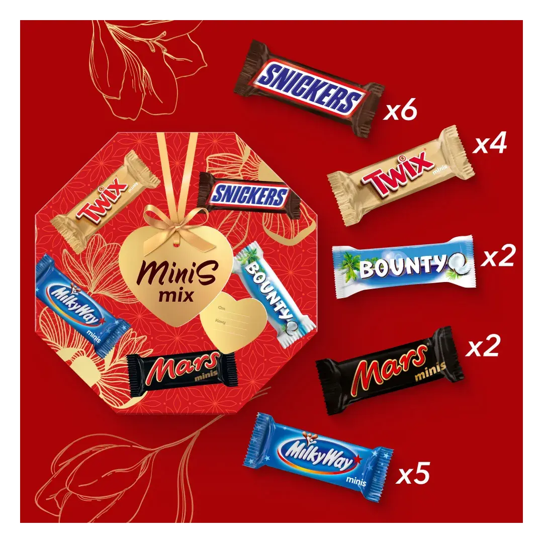 Подарочный набор Minis Mix, Большой набор шоколадных конфет Snickers, Twix, Bounty, Milky Way, Mars, 262 г, изображение 3