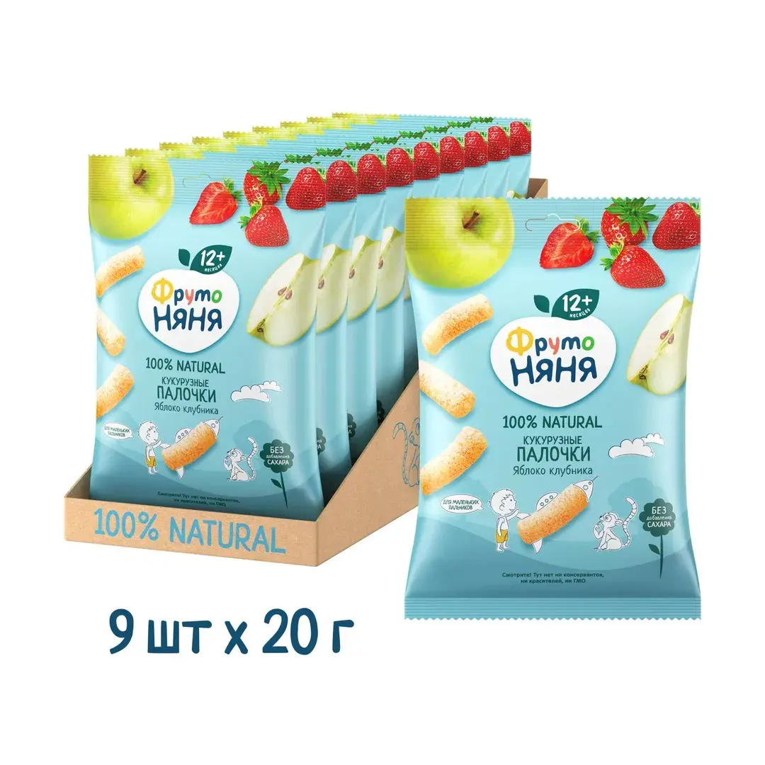 Кукурузные палочки детские ФрутоНяня с 1 года, с яблоком и клубникой, 20 г х 9 шт