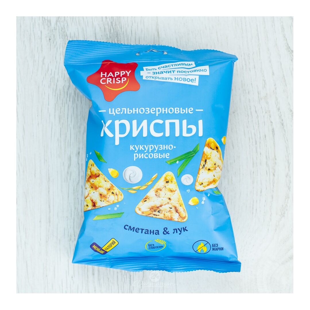Чипсы цельнозерновые рисово-кукурузные HAPPY CRISP Сметана и лук, 50 г - 10 шт.