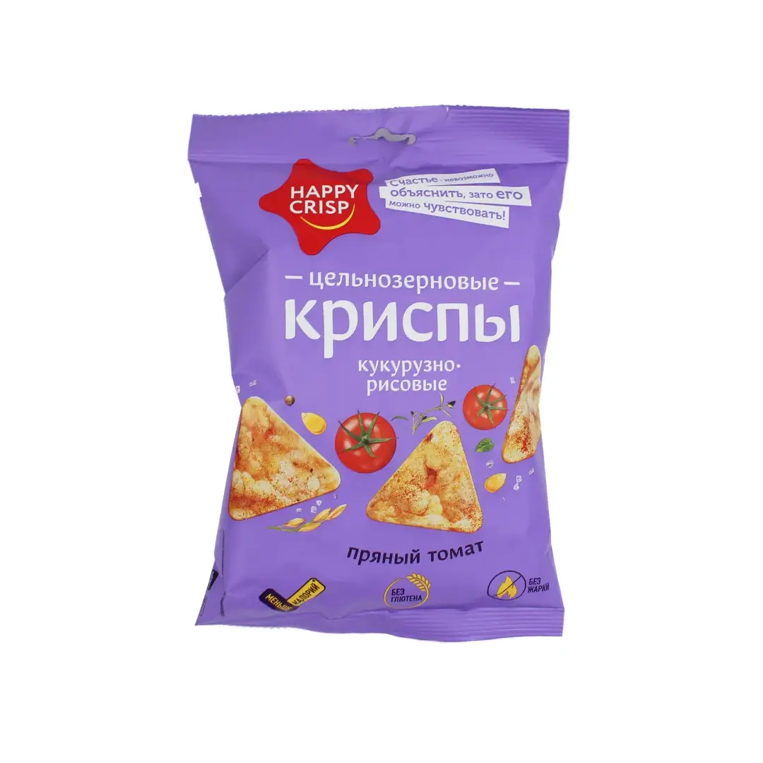 Чипсы цельнозерновые рисово-кукурузные HAPPY CRISP Пряный томат, 50 г - 10 шт.