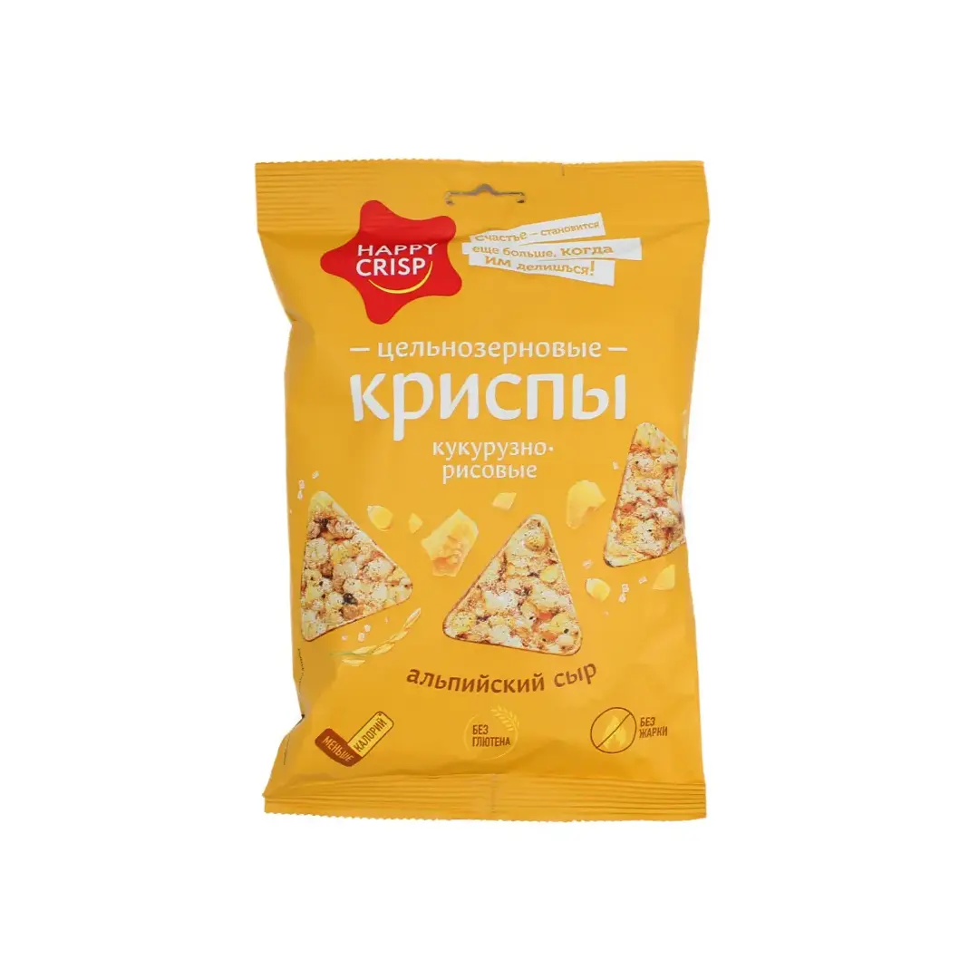 Чипсы цельнозерновые рисово-кукурузные HAPPY CRISP Альпийский сыр, 50 г - 10 шт.