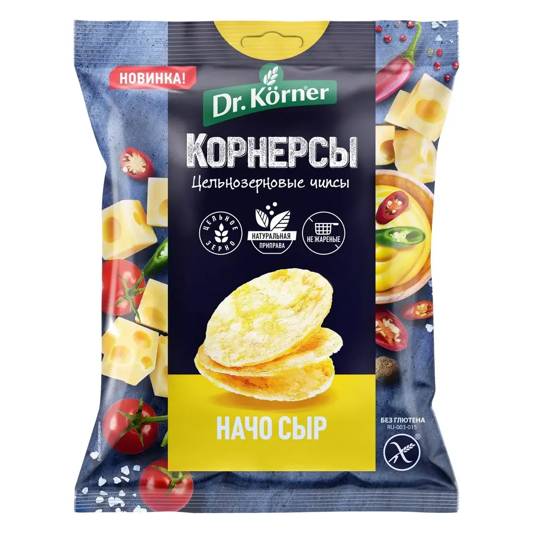 Чипсы кукурузно-рисовые Dr. Korner, со вкусом сыра Начо, цельнозерновые, 50 г