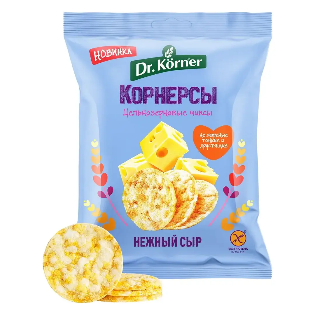 Чипсы кукурузно-рисовые Dr. Korner со вкусом сыра, цельнозерновые, 50 г