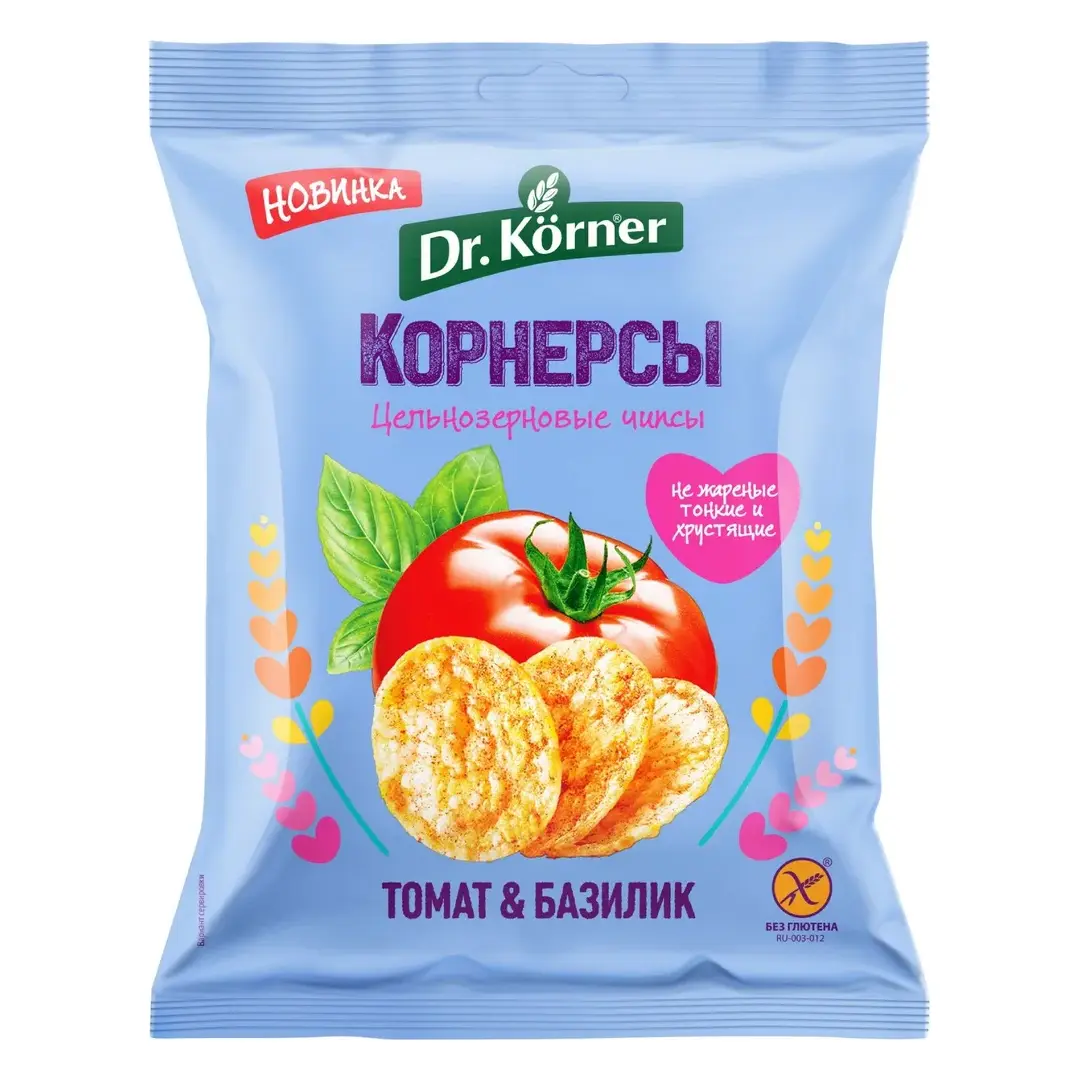 Чипсы кукурузно-рисовые Dr. Korner со вкусом томатов и базилика, цельнозерновые, 50 г