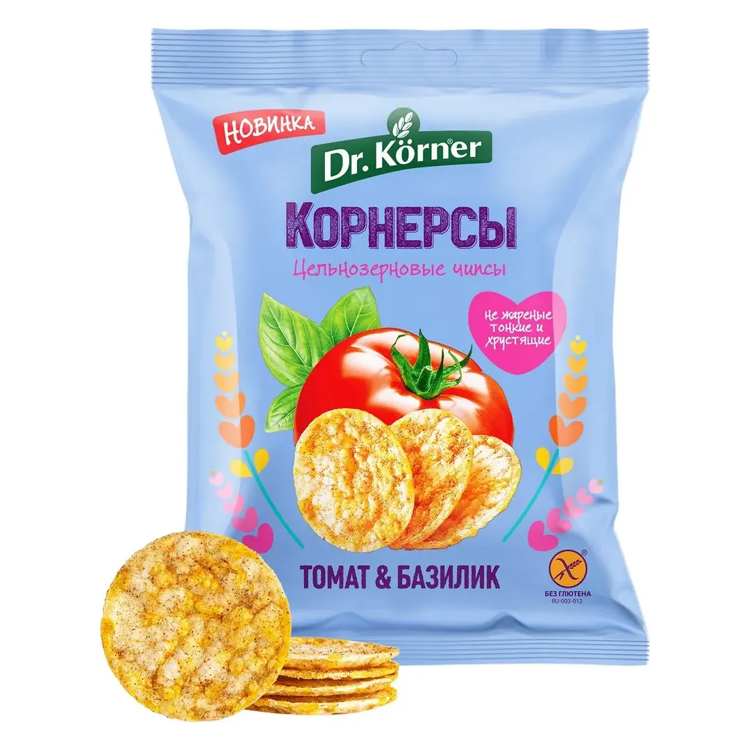 Чипсы кукурузно-рисовые Dr. Korner со вкусом томатов и базилика, цельнозерновые, 50 г, изображение 3