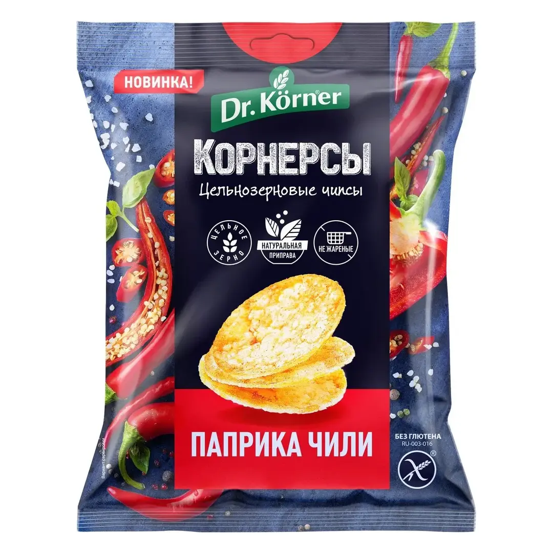 Чипсы кукурузно-рисовые Dr. Korner со вкусом паприки и чили, цельнозерновые, 50 г