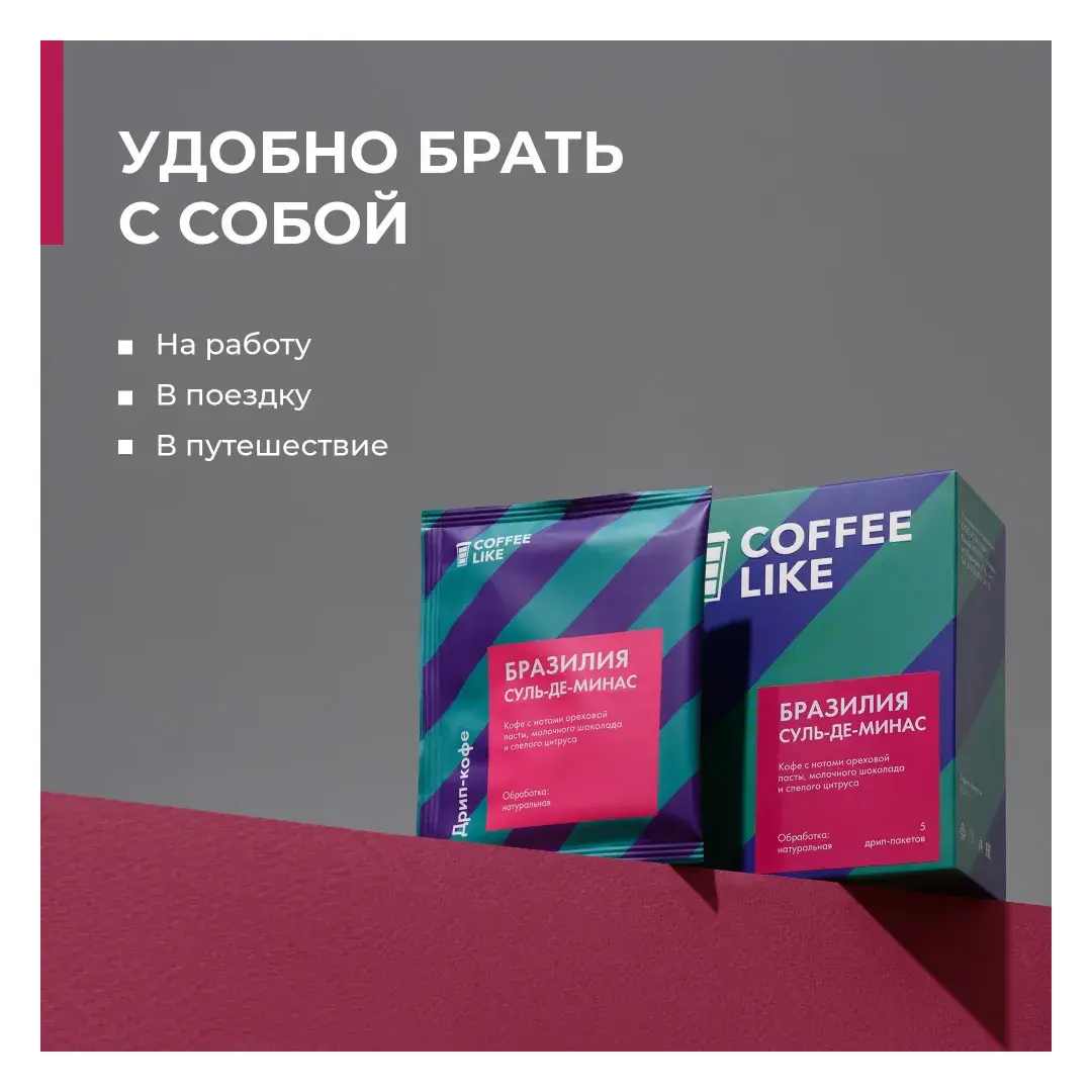 Дрип кофе в пакетах молотый COFFEE LIKE средней обжарки, 5 шт. Бразилия Суль-Де-Минас, вкус ореховой пасты, молочного шоколада и цитруса, изображение 3