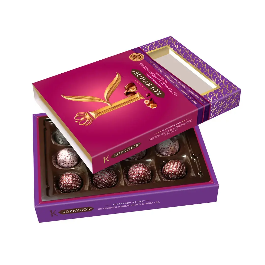 Шоколадные конфеты Коркунов из темного и молочного шоколада с фундуком, вафельной крошкой и ореховой начинкой, 110г, изображение 2