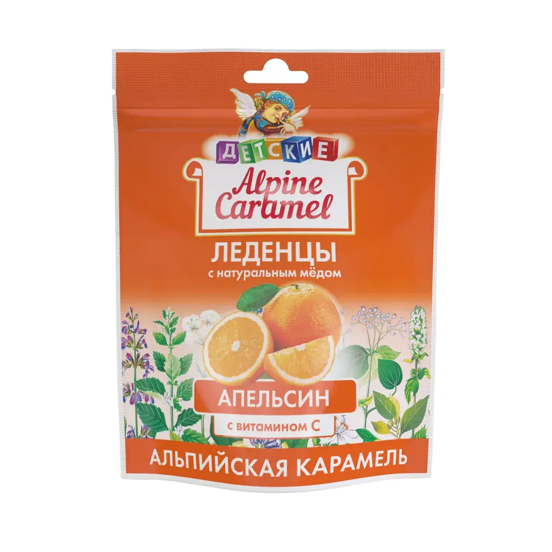 ALPINE CARAMEL АЛЬПИЙСКАЯ КАРАМЕЛЬ ЛЕДЕНЦЫ ДЕТСКИЕ С НАТУРАЛЬНЫМ МЕДОМ И ВИТАМИНОМ С ВКУС АПЕЛЬСИН ПАК. 75Г (БАД)