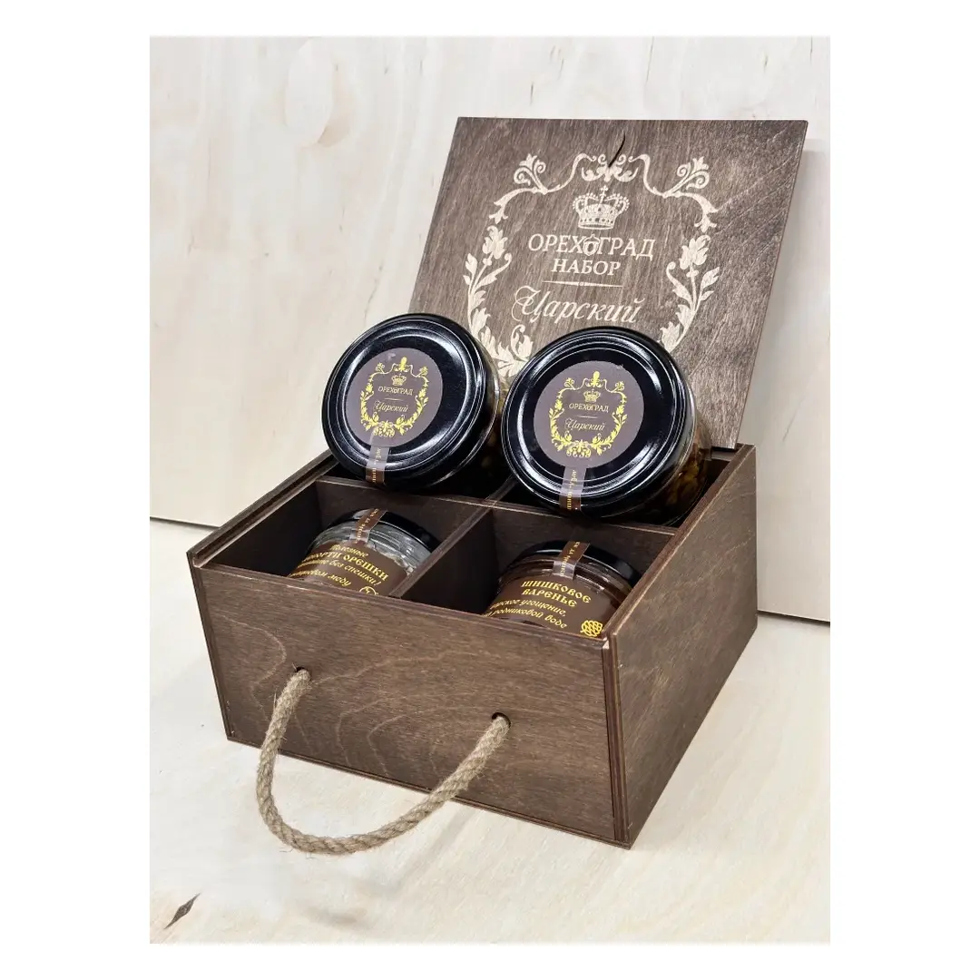 ПОДАРОЧНЫЙ НАБОР ЦАРСКИЙ, ассорти орехов в меду, сосновые шишки в сиропе в деревянной коробке, изображение 3
