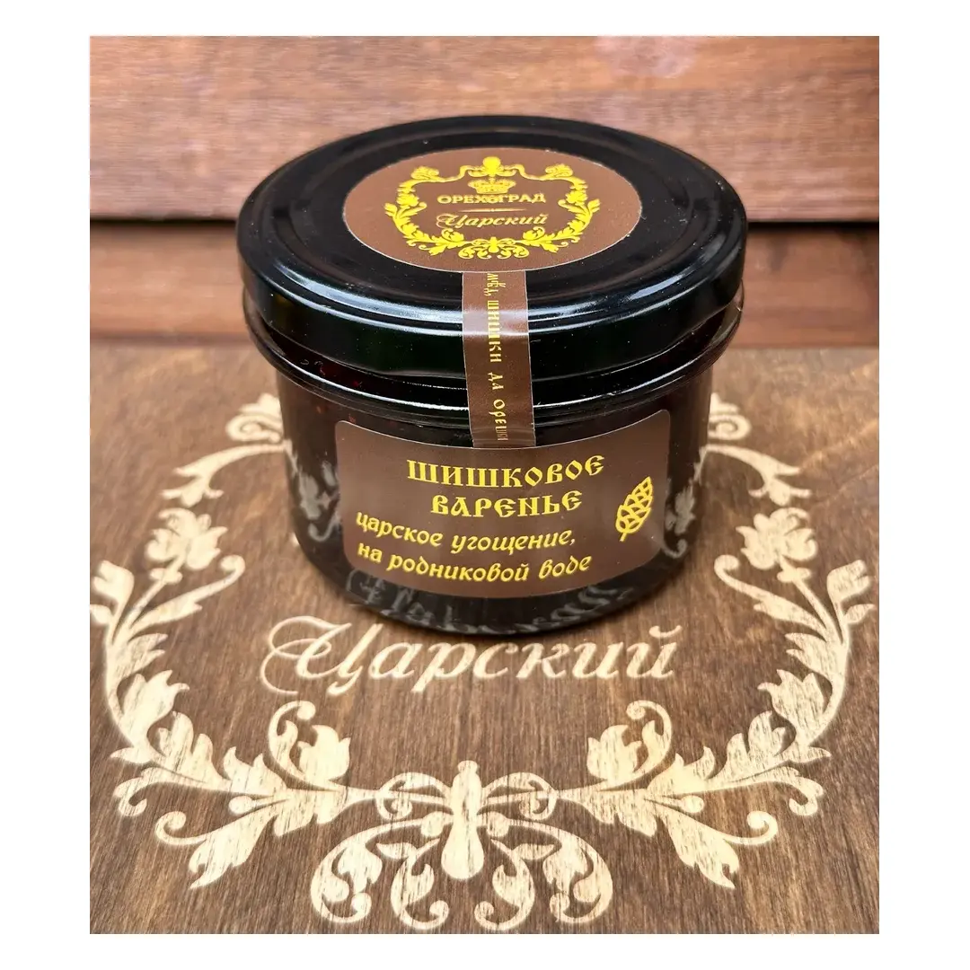 ПОДАРОЧНЫЙ НАБОР ЦАРСКИЙ, ассорти орехов в меду, сосновые шишки в сиропе в деревянной коробке, изображение 8