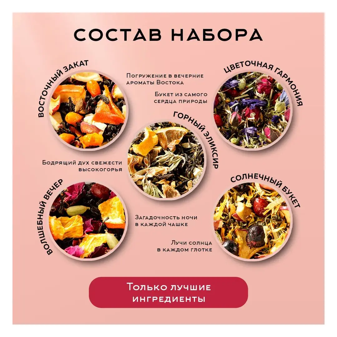 Набор чая "Элитный" листовой подарочный , 5 вкусов ассорти: черный, зеленый, травяной, фруктовый., изображение 2