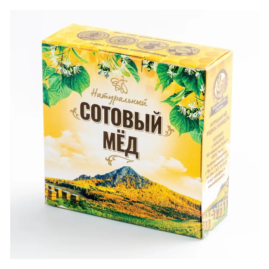 Мед БАШКИРСКИЕ ПАСЕКИ сотовый, подарочный, 250-300 гр.