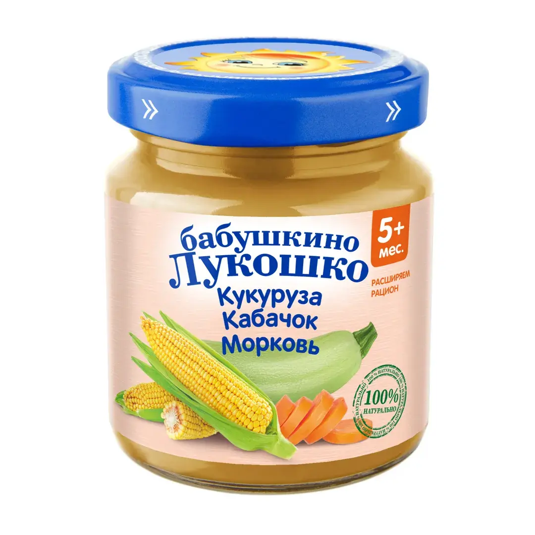Пюре овощное Бабушкино лукошко с 5 месяцев, кукуруза, кабачки и морковь, 100 г x 6, изображение 2