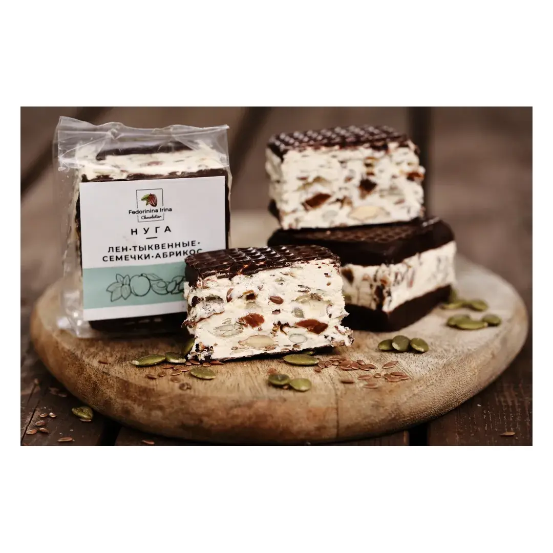 Нуга с шоколадным покрытием лён-тыквенные семечки-абрикос, Шоколадная мастерская Федорининой Ирины, 95г, изображение 2