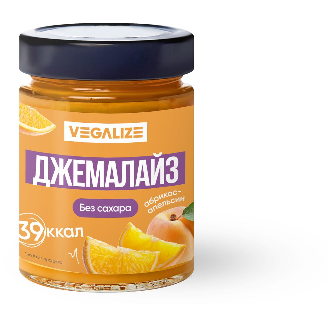 Джем, Джемалайз VEGALIZE, Абрикос-апельсин, без сахара, низкокалорийный, постный, фитнес-продукт, для похудения и здорового питания, изображение 2