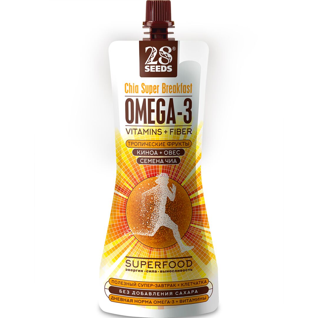 Супер-завтрак 28SEEDS Чиа ОМЕГА-3 Тропические фрукты, Полезные продукты питания без сахара, Омега 6, клетчатка, протеин, пюре фруктовое, смузи, изображение 4