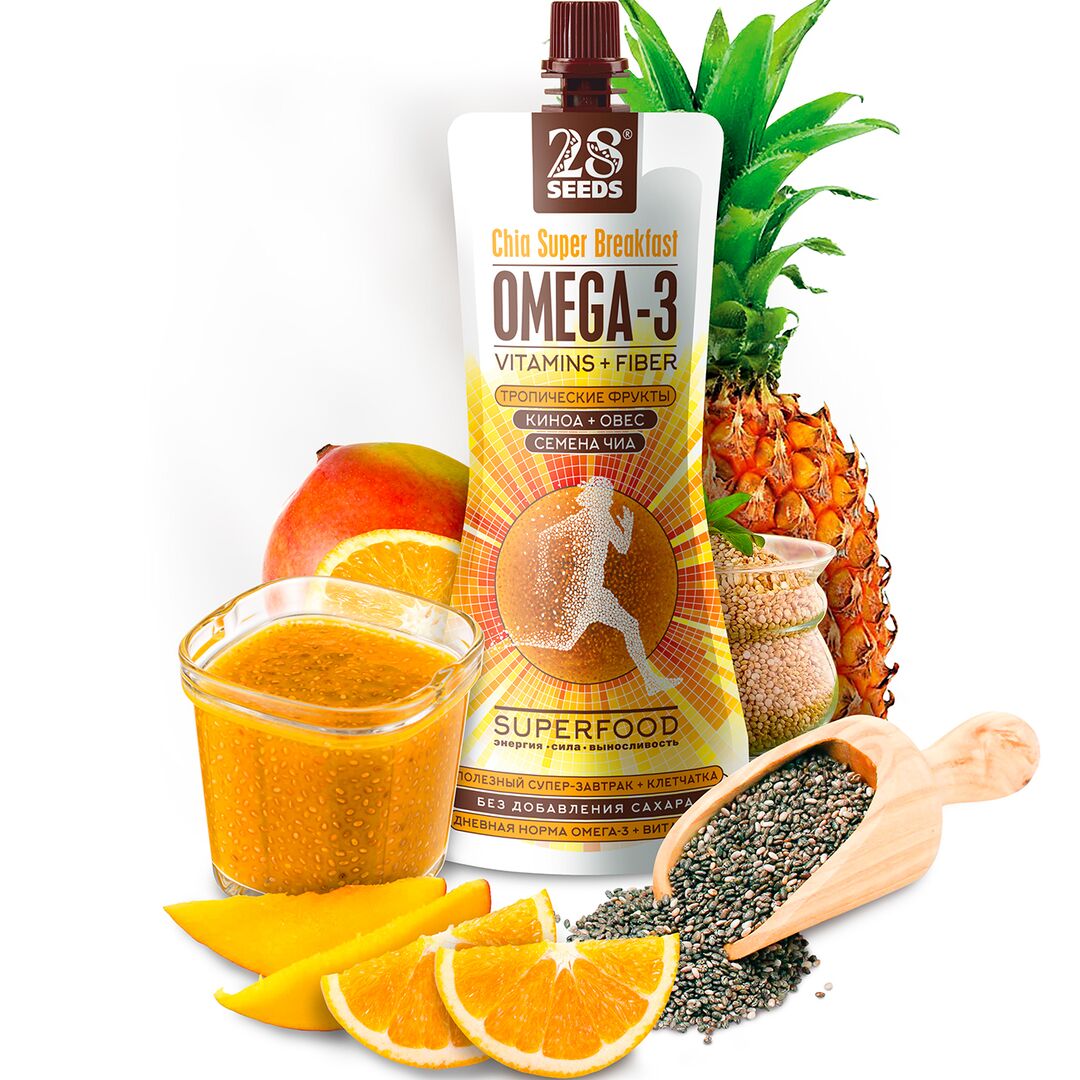 Супер-завтрак 28SEEDS Чиа ОМЕГА-3 Тропические фрукты, Полезные продукты питания без сахара, Омега 6, клетчатка, протеин, пюре фруктовое, смузи, изображение 2