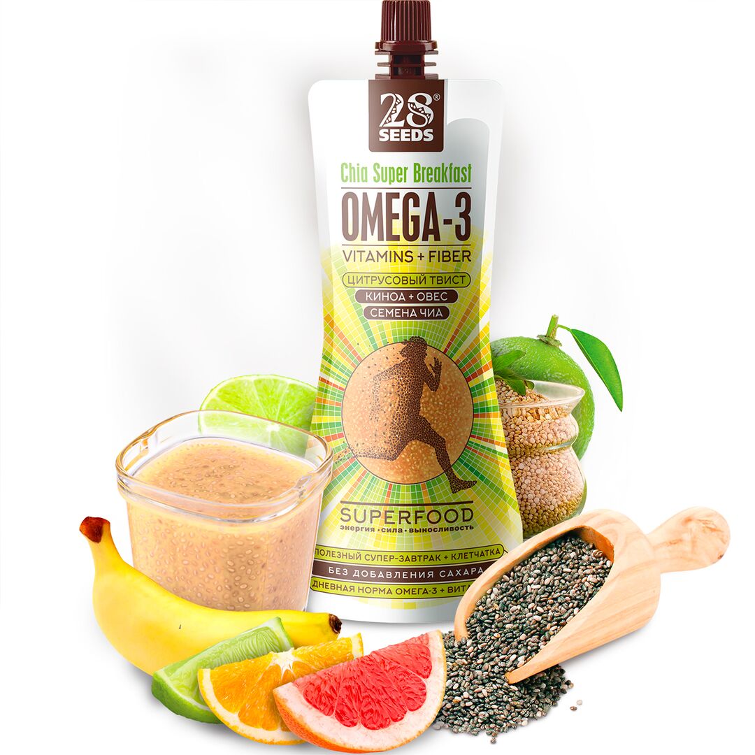 Супер-завтрак 28SEEDS Чиа ОМЕГА-3 Цитрусовый твист, Натуральный полезный продукт питания без сахара с омега 6, клетчаткой, протеином, пюре фруктовое, смузи, изображение 2
